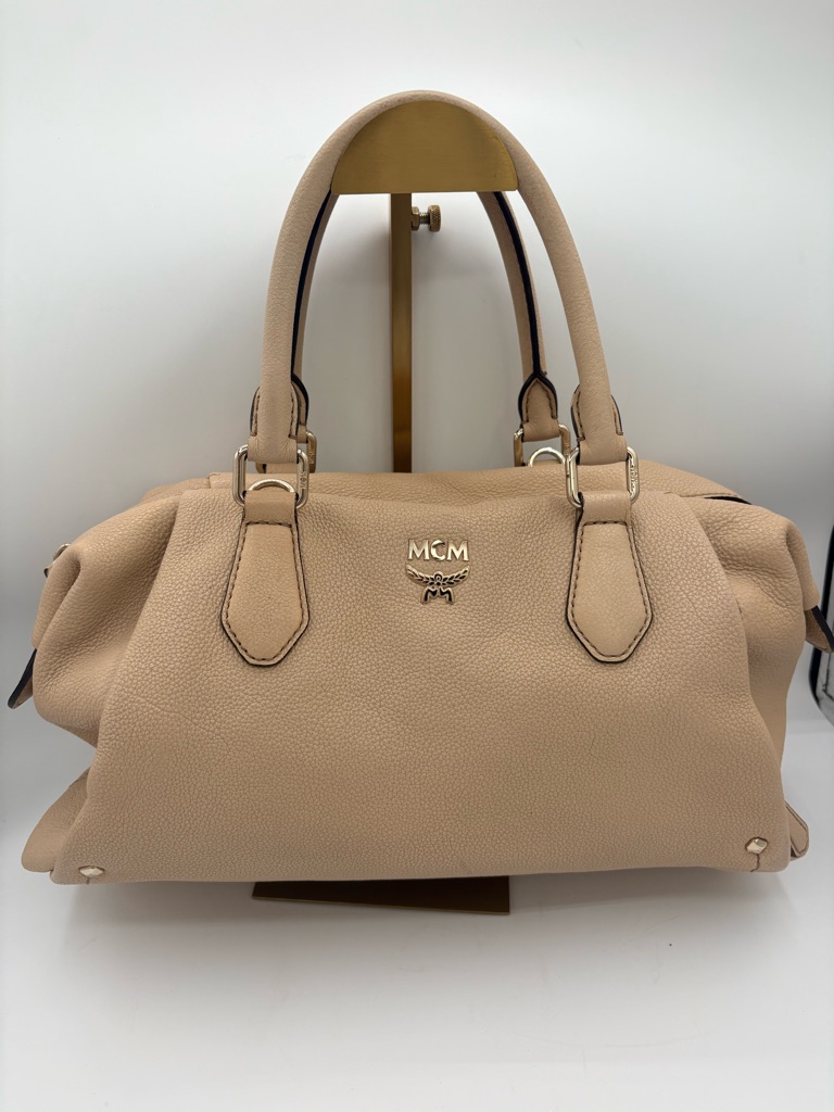 Mcm Nude/Tan Pebbled Leather Satchel With Gold Hardware